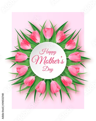 Happy Mother's Day Greeting Card. Postcard with Tulip Wreath on a Rose Background. Vector Illustration