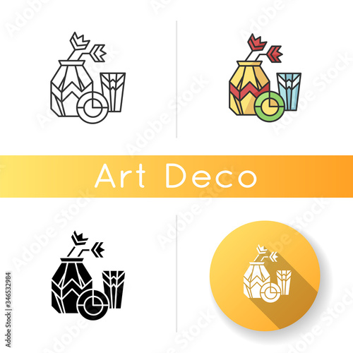 Art deco style icon. French cultural movement. Visual decorative art style. Still life painting. 20th century artwork. Linear black and RGB color styles. Isolated vector illustrations