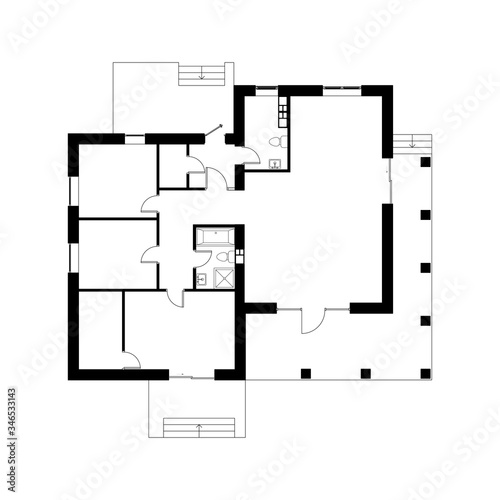 Black floor plan of a modern unfurnished apartment isolated on white background. Vector blueprint suburban house for your design. Interesting architectural project.