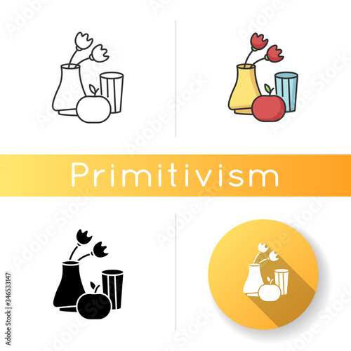 Primitivism icon. Vase and fruit painting in minimalism style. Western modern cultural movement. Still life. Linear black and RGB color styles. Isolated vector illustrations