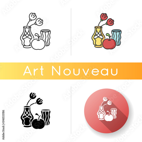 Art nouveau icon. French cultural movement. Visual art style. Still life painting. Experimental decorative artwork. Linear black and RGB color styles. Isolated vector illustrations