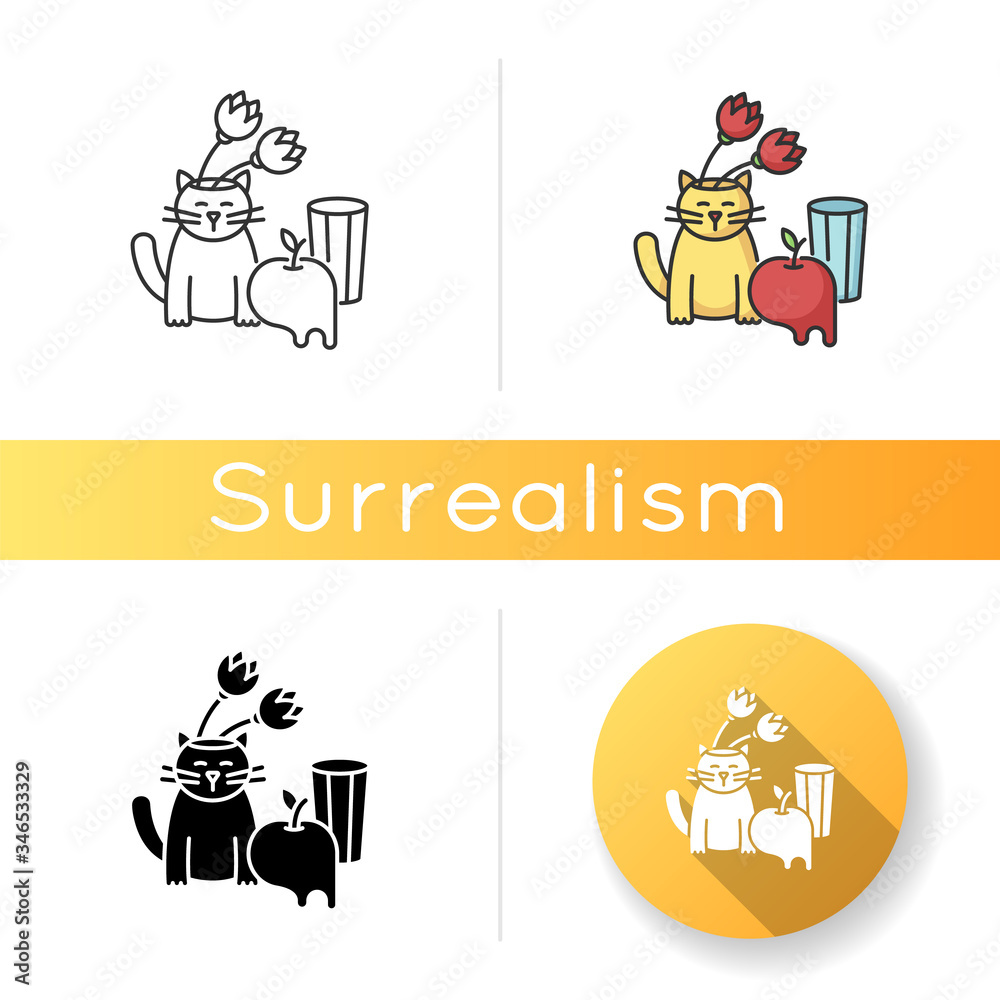 Surrealism art style icon. Abstract cultural movement. Still life contemporary painting. Experimental artwork. Linear black and RGB color styles. Isolated vector illustrations