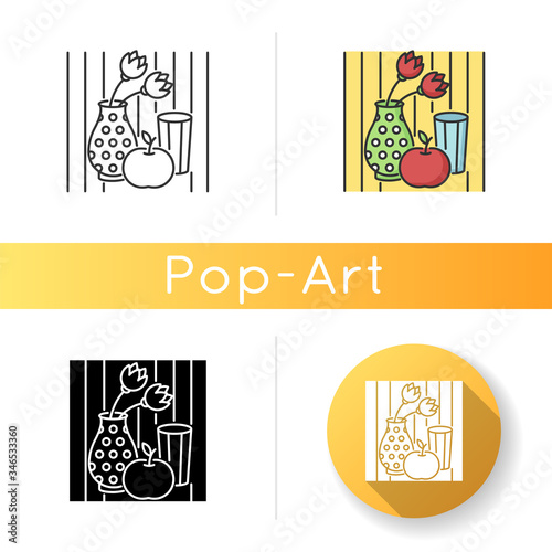 Pop art icon. Contemporary cultural movement. Modern painting in popular style. Abstract still life drawing. Linear black and RGB color styles. Isolated vector illustrations