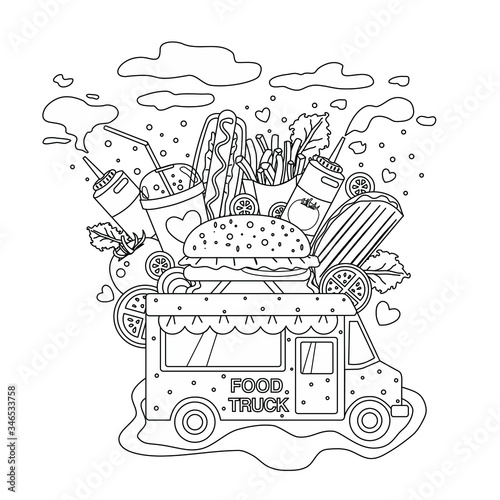 Outlined vector Doodle anti-stress coloring book page fast food truck . For adults and children. Isolated objects.