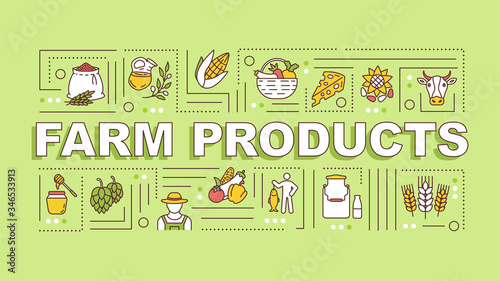 Farm production word concepts banner. Local production, organic food. Infographics with linear icons on yellow green background. Isolated typography. Vector outline RGB color illustration