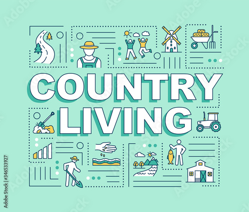 Country living word concepts banner. Healthy lifestyle. Plant cultivation of farm field. Infographics with linear icons on blue background. Isolated typography. Vector outline RGB color illustration