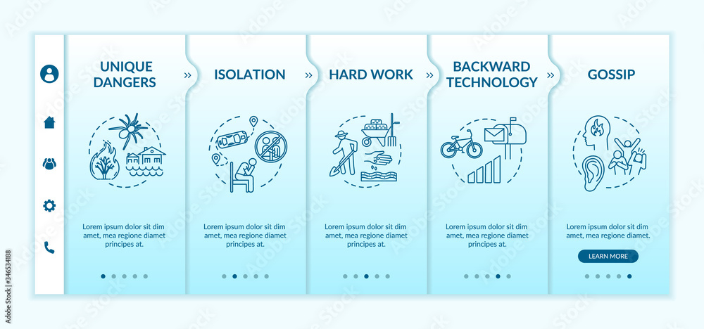 Village life hardship onboarding vector template. Depression from isolation. Hard work on farm. Responsive mobile website with icons. Webpage walkthrough step screens. RGB color concept