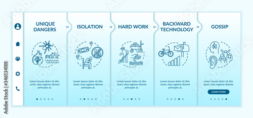 Village life hardship onboarding vector template. Depression from isolation. Hard work on farm. Responsive mobile website with icons. Webpage walkthrough step screens. RGB color concept