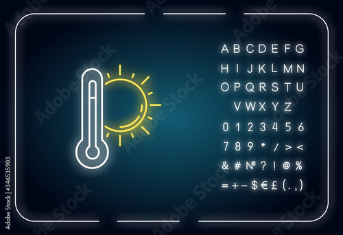 Hot weather neon light icon. Outer glowing effect. Summer heat, seasonal forecasting, meteorology sign with alphabet, numbers and symbols. Thermometer with sun vector isolated RGB color illustration
