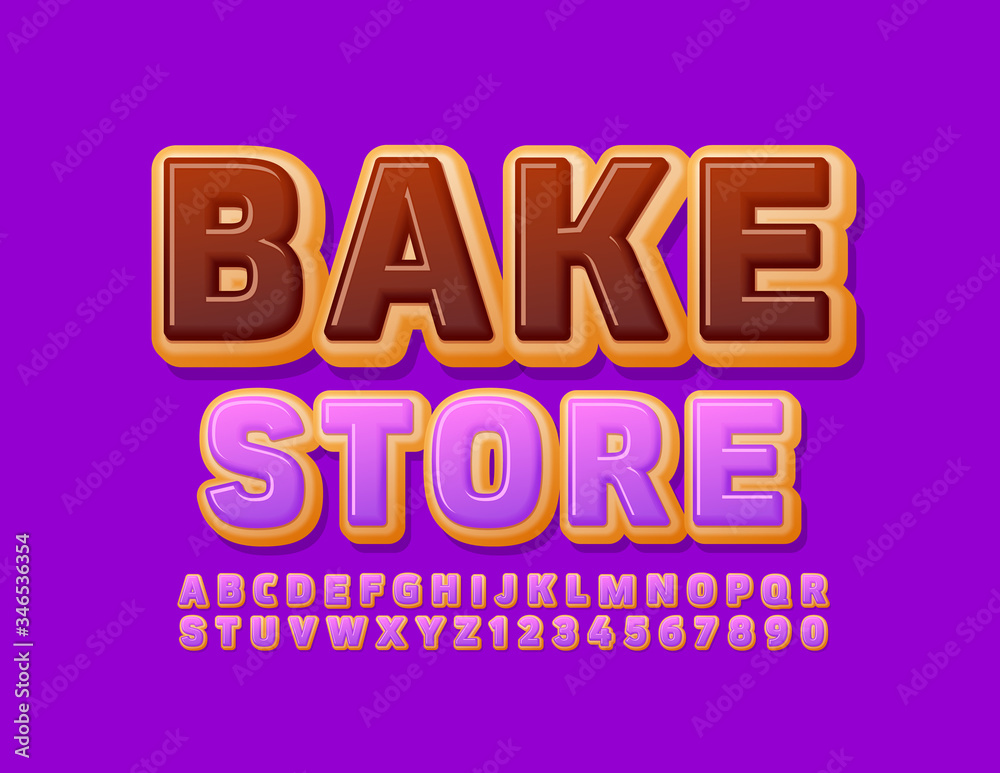 Vector violet logo Bake Store with Glazed Cake Font. Donut Alphabet Letters and Numbers