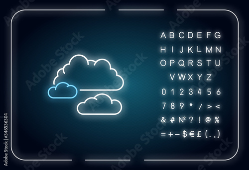 Cloudy weather neon light icon. Outer glowing effect. Overcast, moody sky, meteorological forecast sign with alphabet, numbers and symbols. Clouds vector isolated RGB color illustration