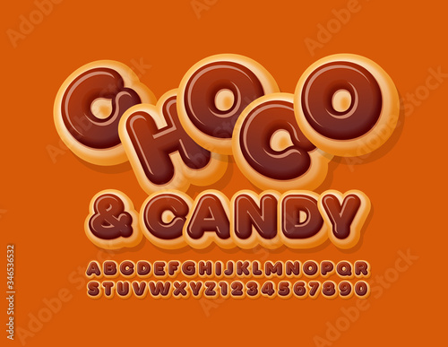Vector delicious sign Choco & Candy. Glazed Donut Font. Tasty creative Alphabet Letters and Numbers.