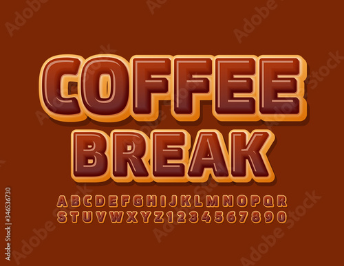 Vector sweet sign Coffee Break. Chocolate Donut Font. Delicious Alphabet Letters and Numbers
