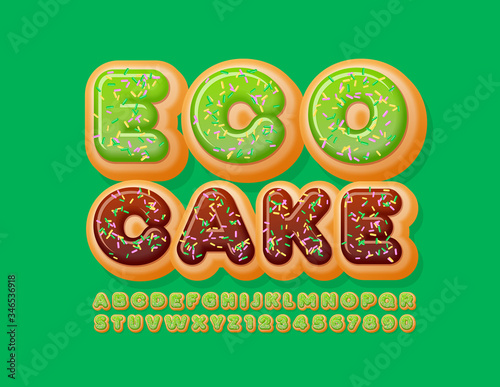 Vector creative sign Eco Cake with Donut Font. Green Glazed Alphabet Letters and Numbers with Sprinkles