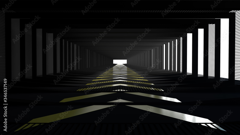 Black empty room space and the pathway area indefinitely with the gap glowing in the dark and shadow. Museum space design. the rhythm of the square frame and the gap, On the black floor, 3D rendering. Black empty room space and the pathway area indefinitely with the gap glowing in the dark and shadow. Museum space design. the rhythm of the square frame and the gap, On the black floor, 3D rendering.
