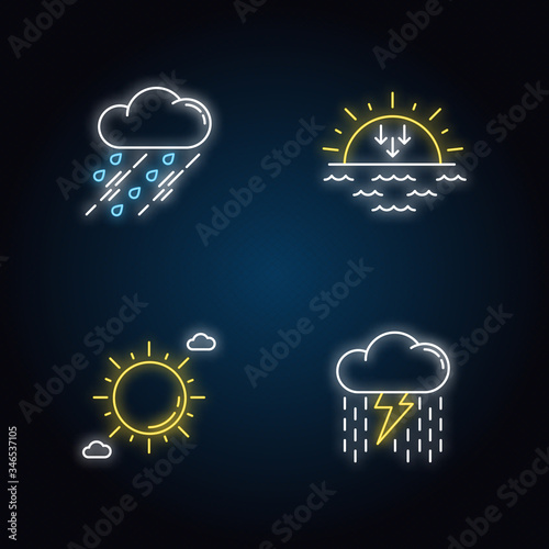 Daytime and nighttime forecast neon light icons set. Weather prediction science signs with outer glowing effect. Sky clarity and atmospheric precipitation. Vector isolated RGB color illustrations