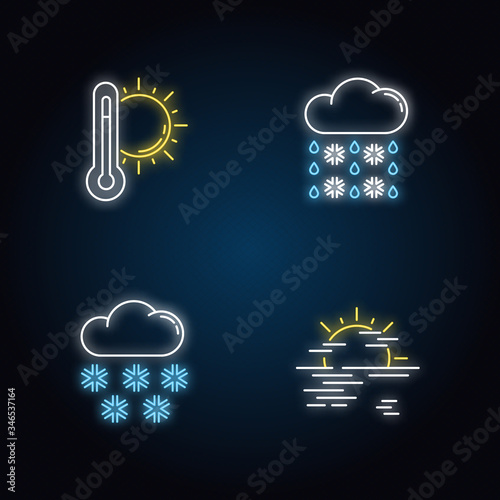Temperature and precipitation forecast neon light icons set. Seasonal weather prediction signs with outer glowing effect. Summer heat, snow, sleet and haze. Vector isolated RGB color illustrations