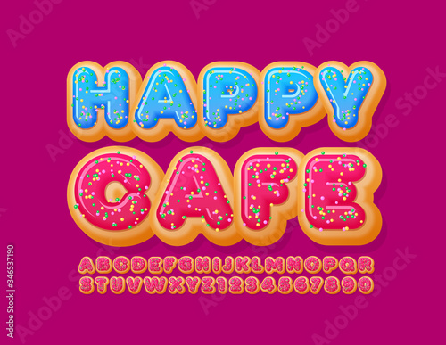 Vector bright sign Happy Cafe. Pink Glazed Font with Sprinkles. Sweet Donut Alphabet Letters and Numbers