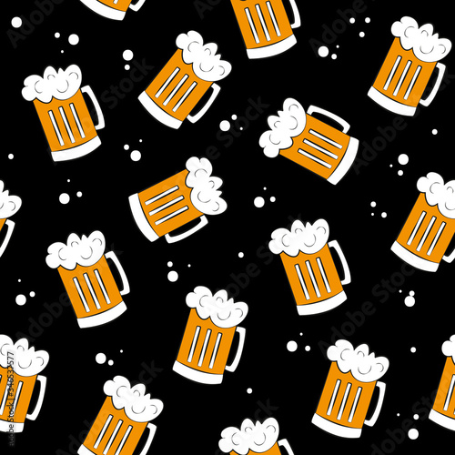 Beer Mugs on black background, seamless pattern.
Good for wallpaper, pub decor, wrapping paper, textile print design.