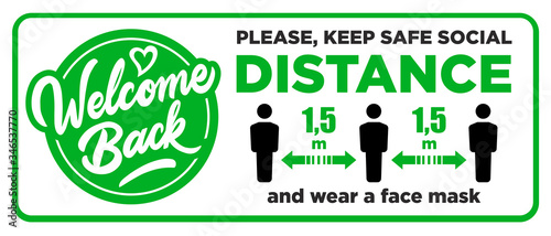 Open sign on the front door - welcome back! We are working again. Keep social distance and use face mask. Vector