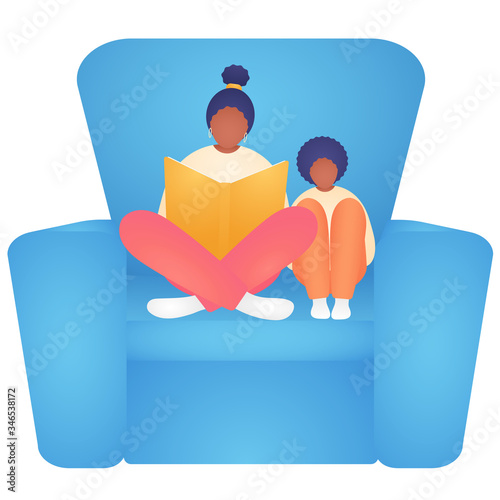 African American Woman Read Story Book to Child. Flat Vector Illustration Isolated on White Background. Family Leisure Concept
