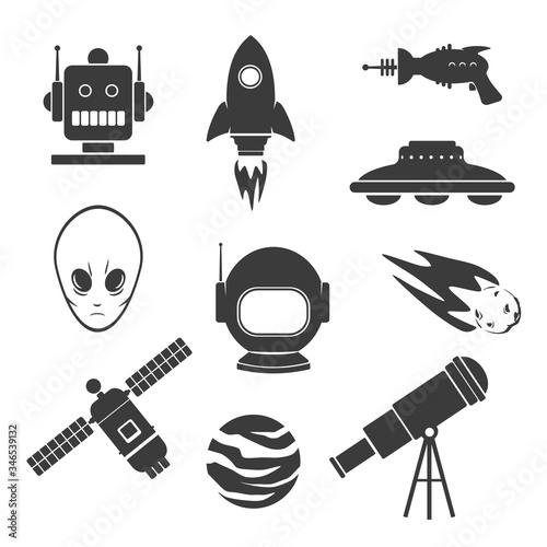 Vintage Retro Space Science Fiction Sci-fi Icon Set -  Vector Illustration