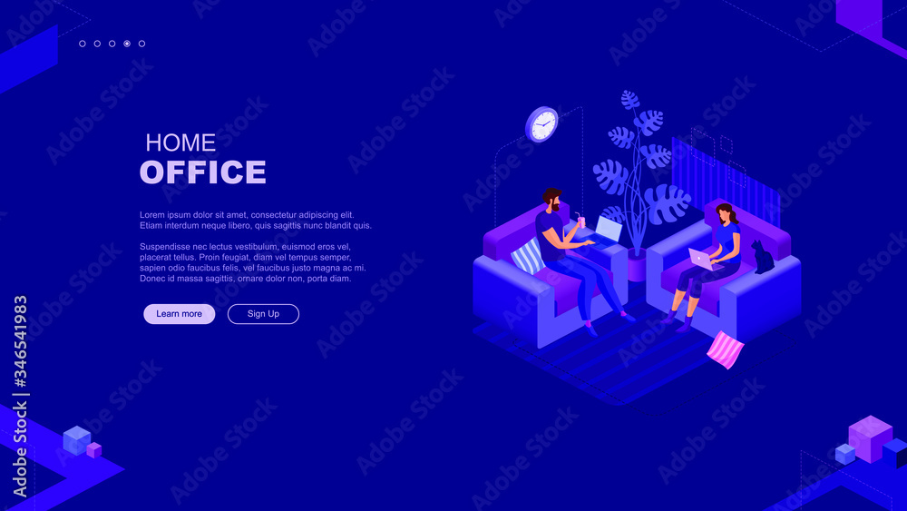 Fototapeta premium Trendy flat illustration. Home office page concept. Man and woman are sitting in armchairs working with laptops. Online education. Family leisure. Template for your design works. Vector graphics.