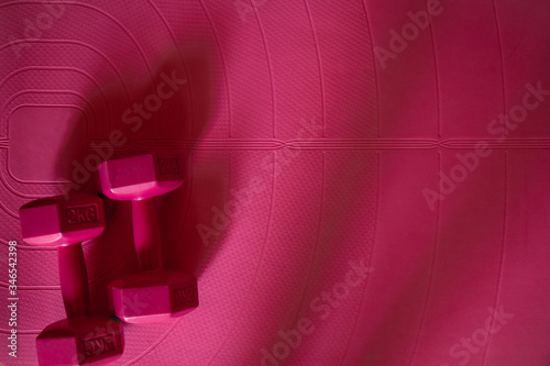 Pink dumbbells on a pink exercise mat at home. Equipment for fitness, pilates or yoga, well being concept. Flat lay, space for text.