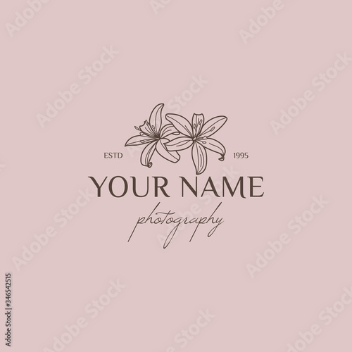 Lily flower logo design template in simple minimal linear style. Vector floral emblem and icon for Wedding Photographers