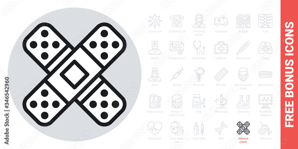 Adhesive plaster, bandage plaster or band aid icon. Simple black and white version. Free bonus icons kit included Adhesive plaster, bandage plaster or band aid icon. Simple black and white version. Free bonus icons kit included