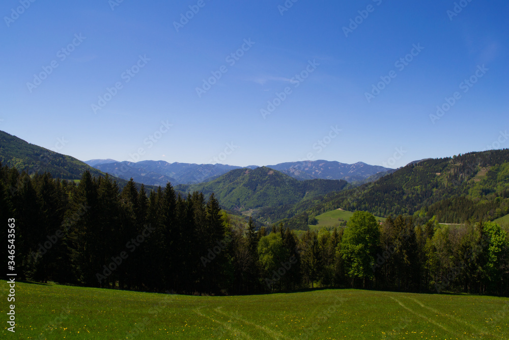 Beautiful mountain landscape in Austria. Alps mountains summer vacation, travel across Europe.