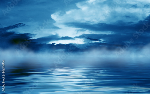 Background of night sea landscape. Night sky, clouds, full moon. Reflection of the moon on the water. Sunset on the sea horizon. Blue tinted