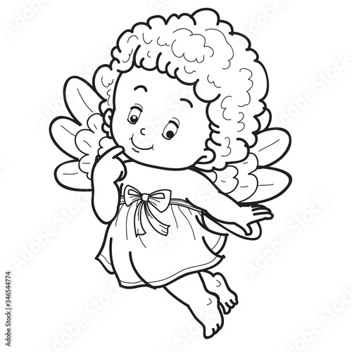 child angel character is drawn in outline, coloring, isolated object on white background, vector illustration,