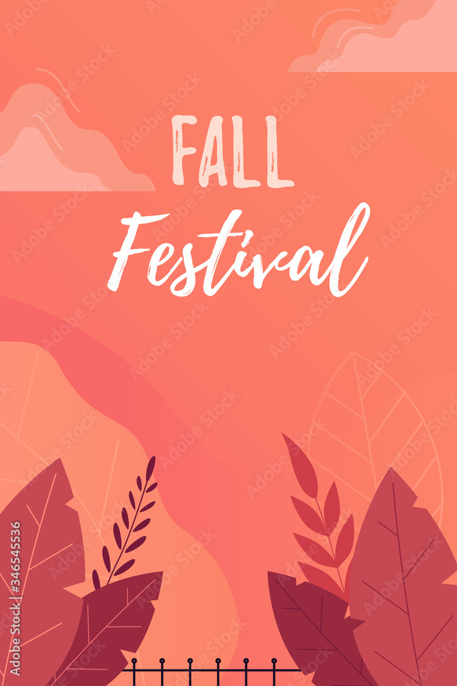 Fall Festival Poster, Invitation or Flyer. Bright autumn leaves on orange background with flat leaves. Vector flat concept.