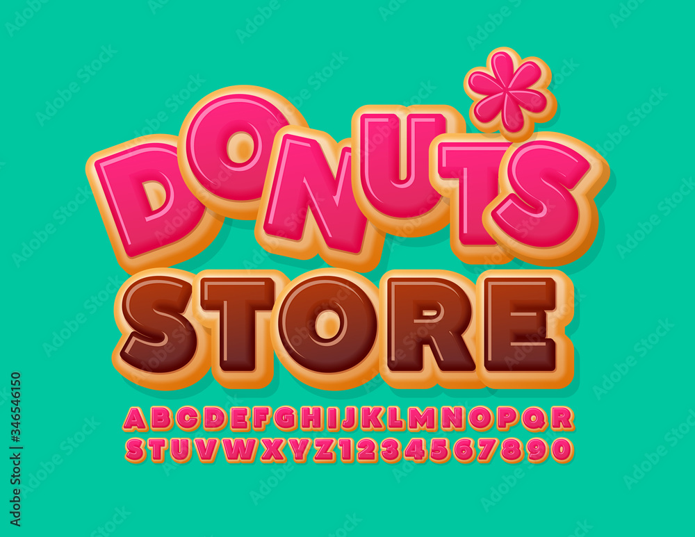 Vector funny emblem Donuts Store with Pink Glazed Font. Tasty Alphabet Letters and Numbers Vector funny emblem Donuts Store with Pink Glazed Font. Tasty Alphabet Letters and Numbers