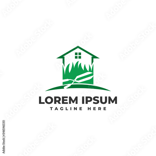 Lawn Mower House with Scissor Logo Vector Icon Illustration