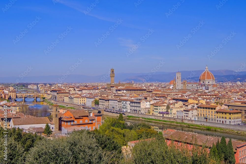 Panoramic view of the city of Florence with the famous Cathedral Duomo Santa Maria Del Fiore, Tuscany, Italy, Europe