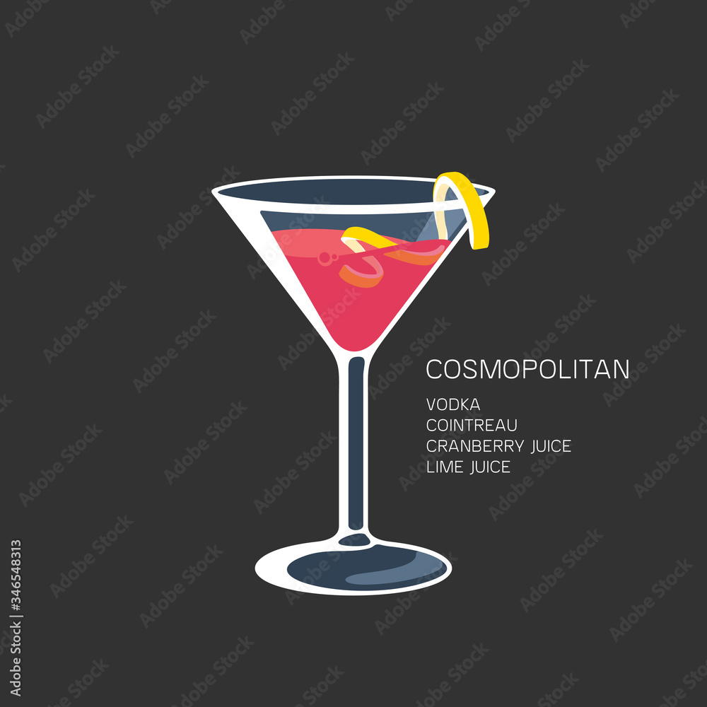 Cosmopolitan red cocktail martini glass lime vector illustration