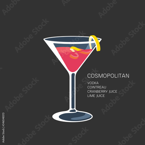 Cosmopolitan red cocktail martini glass lime vector illustration