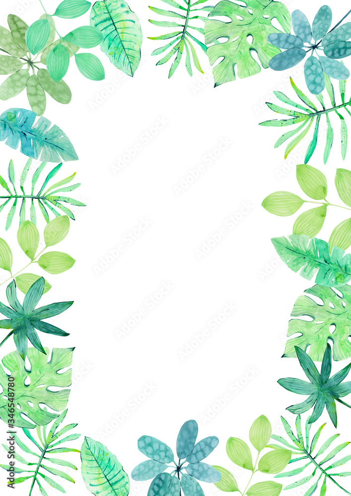 Watercolor frame of colorful tropical leaves. Concept of the jungle for the design of invitations, greeting cards and wallpapers. Hand drawn illustration