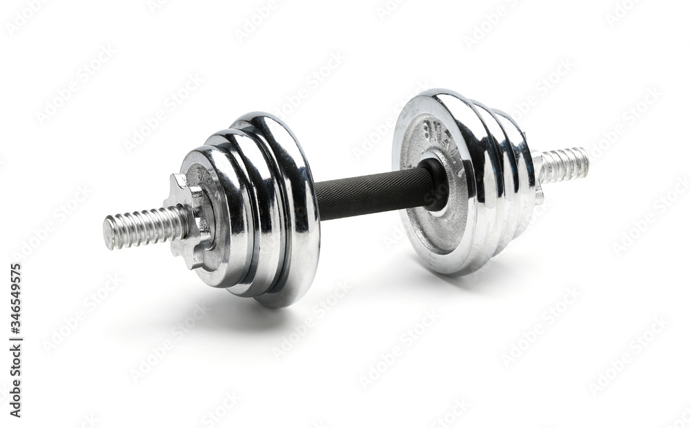 Silver coloured shiny metal dumbbell isolated over white background Silver coloured shiny metal dumbbell isolated over white background