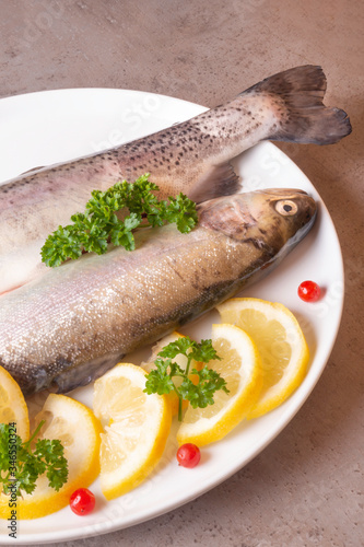 Fresh trout fish with lemon parsley cranberries