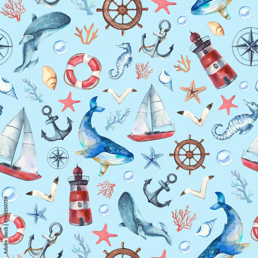 Fototapeta Watercolor hand painted seamless pattern with different whale, lighthouse, anchor, sea stars, gull, sea horse on blue background. Sea\ ocean pattern.