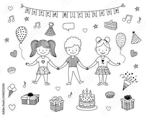 Kids Birthday party celebration. Friends hold hands. Objects set. Cake, air balloons, gift, present box, cupcake, pie, firework, music. Black and white vector illustration for coloring book