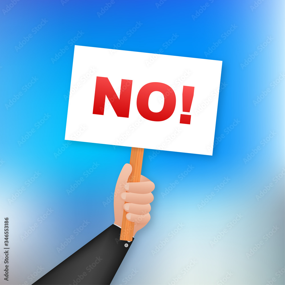 No sign. Cartoon poster with hand holding placard for banner design. Banner, Billboard design. Vector stock illustration No sign. Cartoon poster with hand holding placard for banner design. Banner, Billboard design. Vector stock illustration