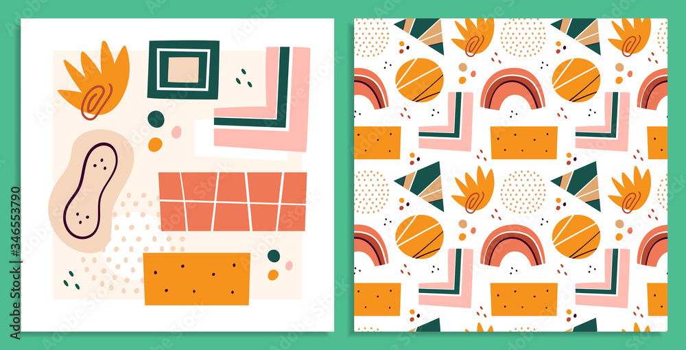 Fototapeta premium Abstract shapes, figures vector illustrations set. Postcards. Circles and triangles doodle color drawings collection. Abstraction, hand drawn geometric shapes pack isolated on green background