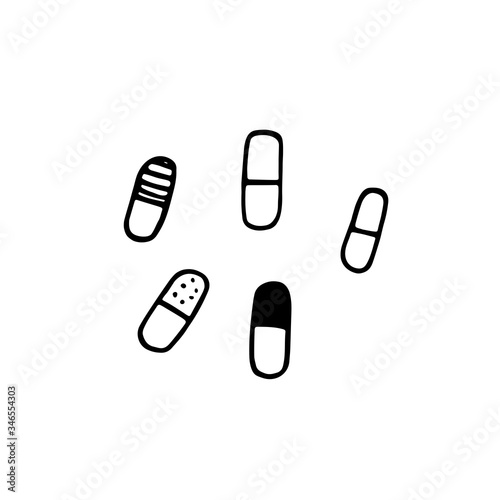 Medical pills set. Doodle tablets for different shapes. Vector illustration with pharmaceutical hand drawn tablet isolated on white background. Signs of medications, treatment, disease prevention