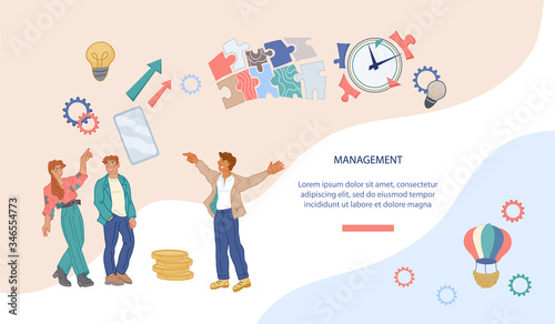 Business people creative team striving for success and prosperity - webpage. Purposes and goals achievement, business company financial and personal skills growth reaching. Flat vector Illustration.
