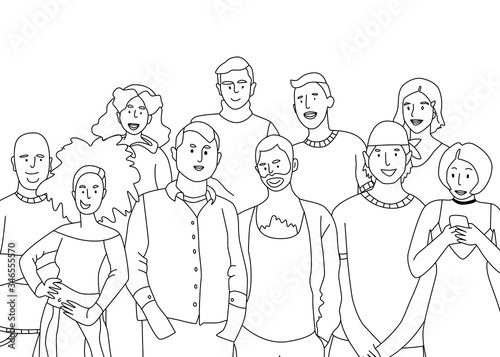 A multicultural group of women and men on a white background. Doodle cartoon vector illustration. Social diversity.