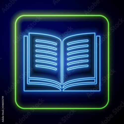 Glowing neon Open book icon isolated on blue background.  Vector Illustration